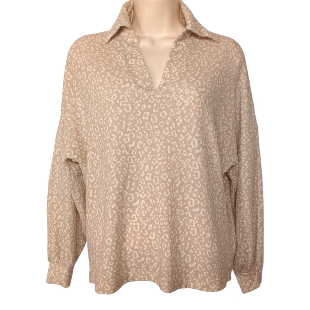 VERONICA M Light Tan Brown White Leopard Animal Print Long Sleeve Top X-Small